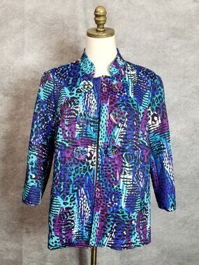 Multiples Open Quilted Jacket Size PL Vibrant Blue Purple Abstract Whimsical